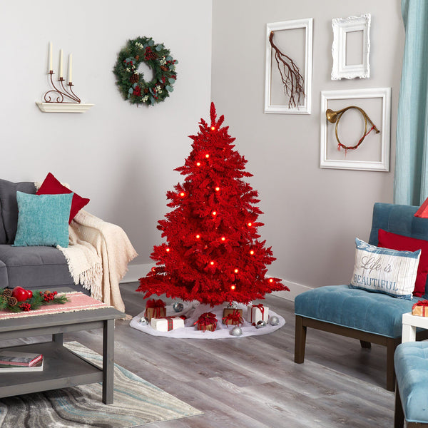 5' Red Flocked Fraser Fir Artificial Christmas Tree