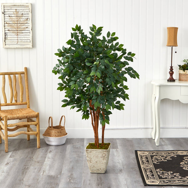 5’ Sakaki Artificial Tree in Country White Planter