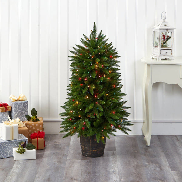 5' Sierra Fir Artificial Christmas Tree with 200 Multicolored Lights and 428 Bendable Branches in Decorative Container