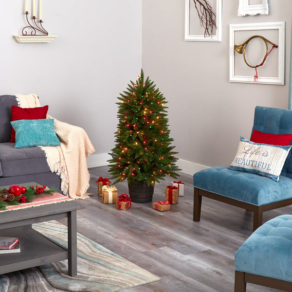 5' Sierra Fir Artificial Christmas Tree with 200 Multicolored Lights and 428 Bendable Branches in Decorative Container