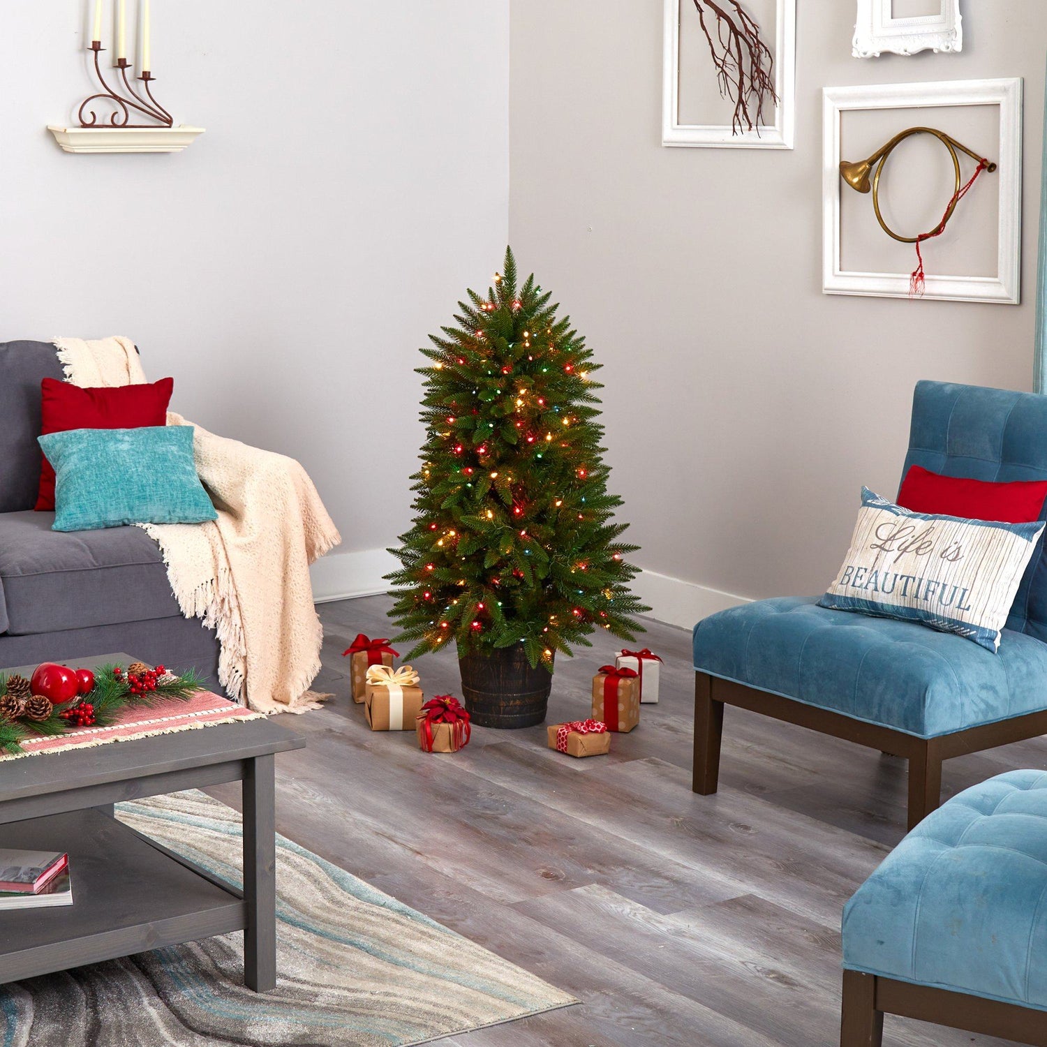 5' Sierra Fir Artificial Christmas Tree with 200 Multicolored Lights and 428 Bendable Branches in Decorative Container