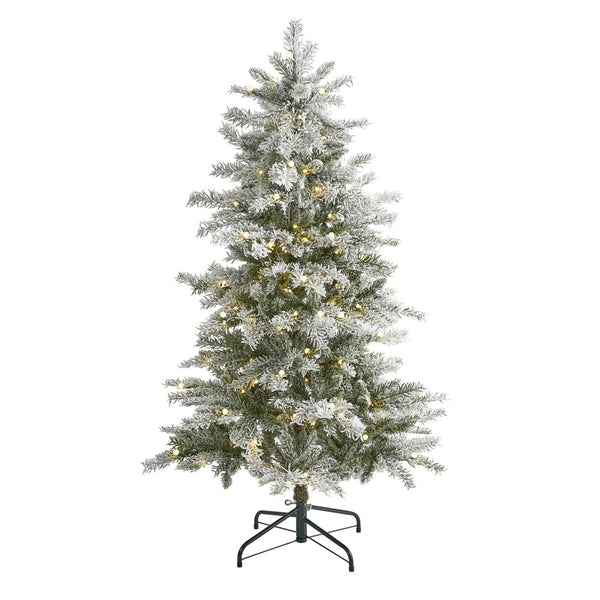5’ Slim Flocked Nova Scotia Spruce Artificial Christmas Tree with 150 Warm White LED Lights and 433 Bendable Branches