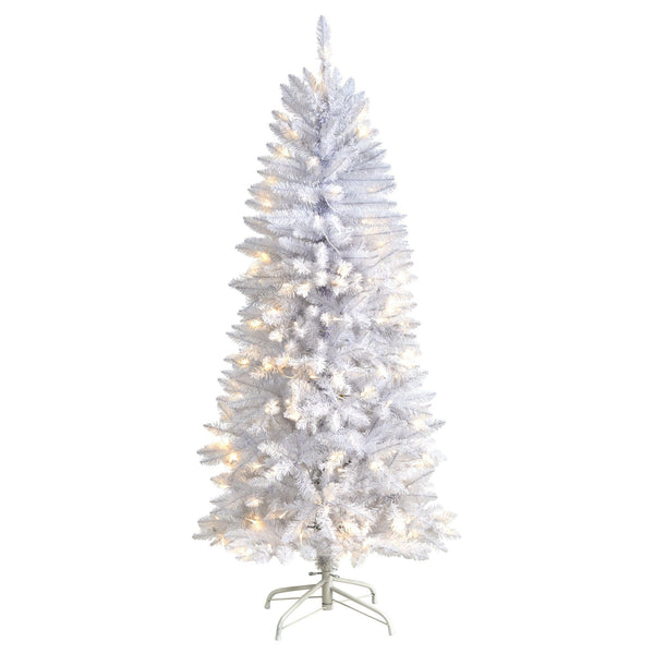 5’ Slim White Artificial Christmas Tree with 150 Warm White LED Lights and 491 Bendable Branches