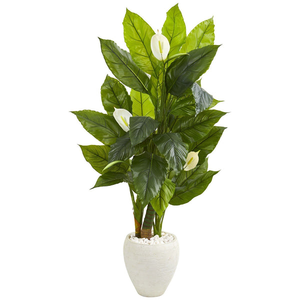 5’ Spathyfillum Artificial Plant in White Planter (Real Touch)
