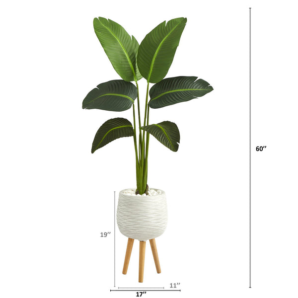 5’ Traveler’s Palm Artificial Plant in White Planter with Stand (Real Touch)