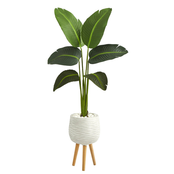 5’ Traveler’s Palm Artificial Plant in White Planter with Stand (Real Touch)