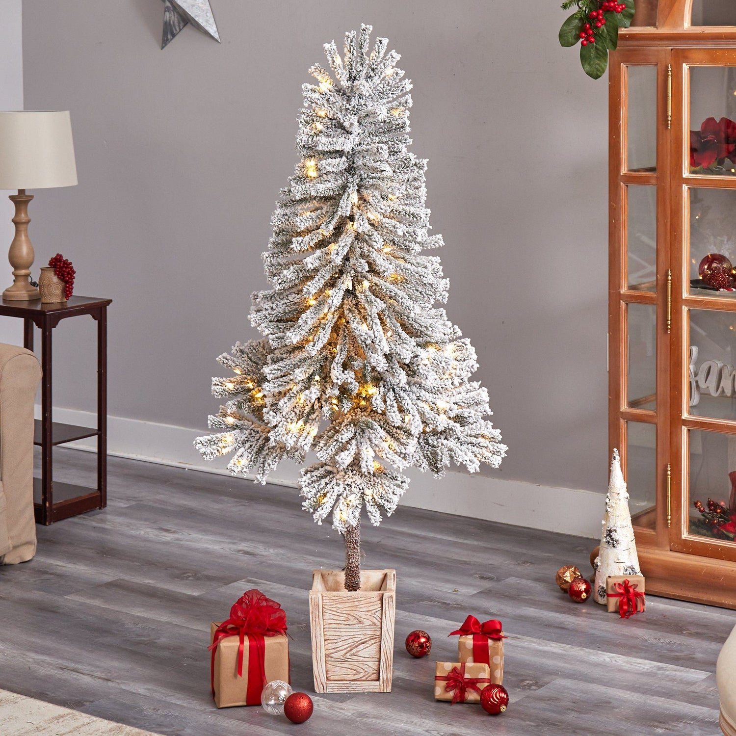 5' Winter Flocked Leaning Christmas Tree Pre-Lit