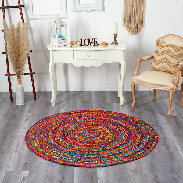 5’ x 5’ Hand Braided Boho Colorful Chindi Round Rug