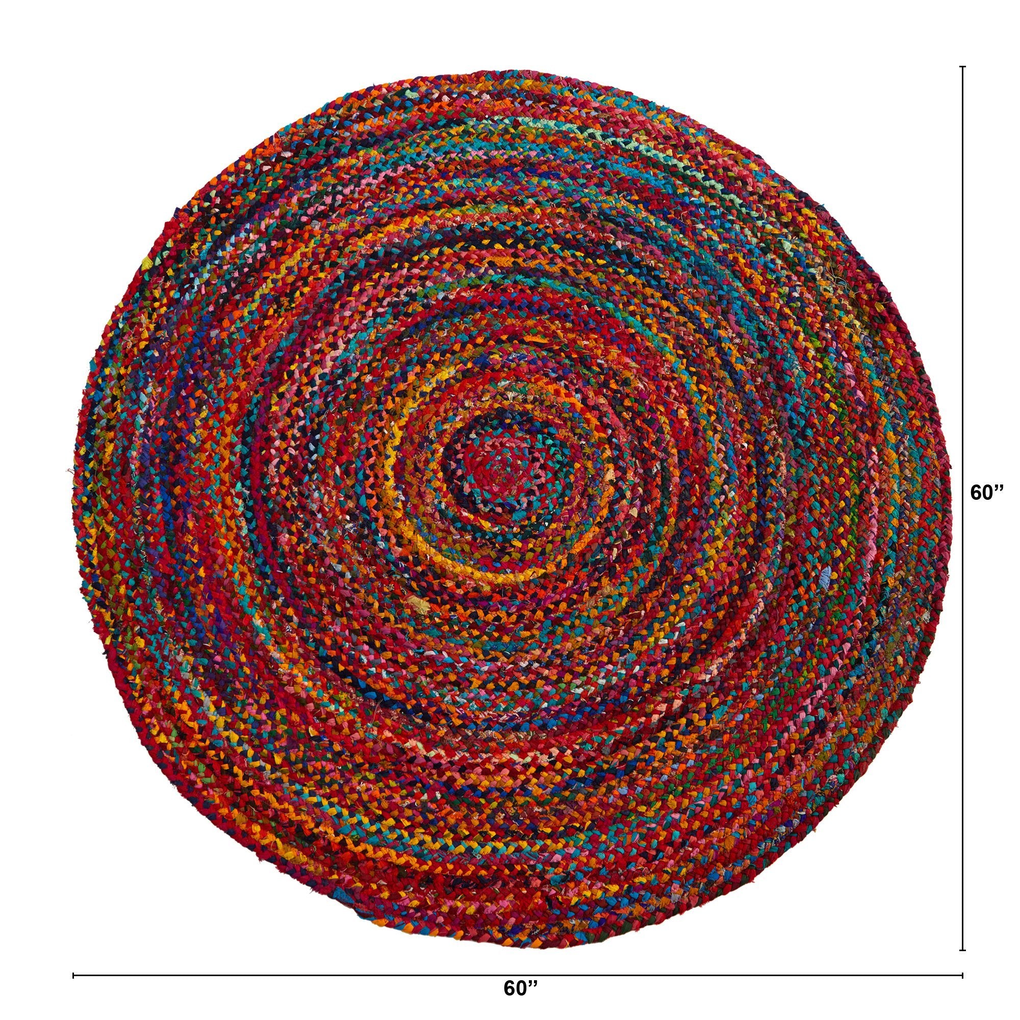 5’ x 5’ Hand Braided Boho Colorful Chindi Round Rug | Nearly Natural