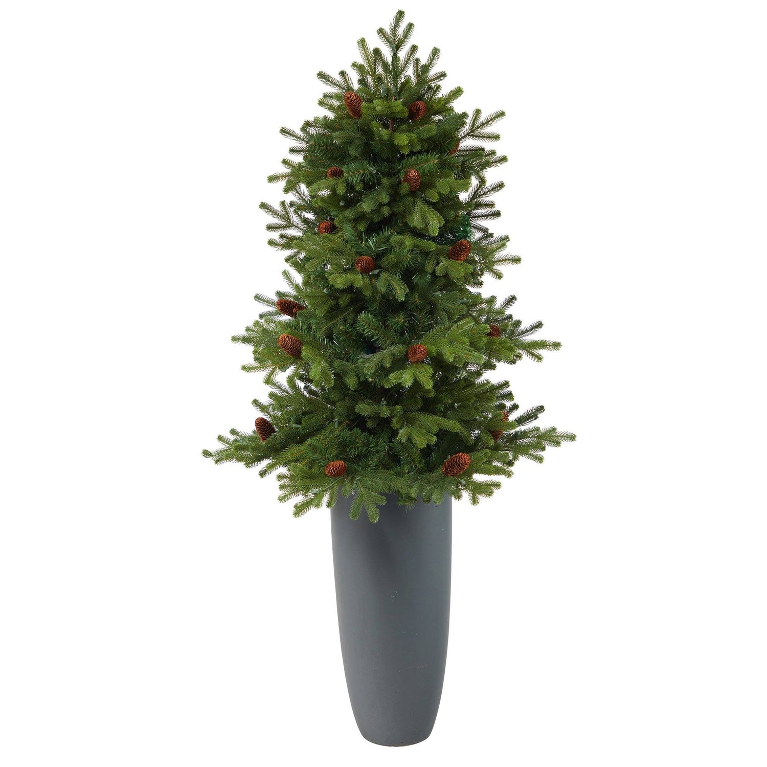 5’ Yukon Mountain Fir Artificial Christmas Tree with 100 Clear Lights, Pine Cones and 386 Bendable Branches in Gray Planter