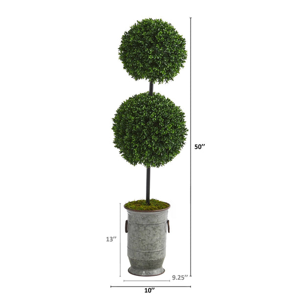 50” Boxwood Double Ball Artificial Topiary Tree in Vintage Metal Planter  (Indoor/Outdoor)