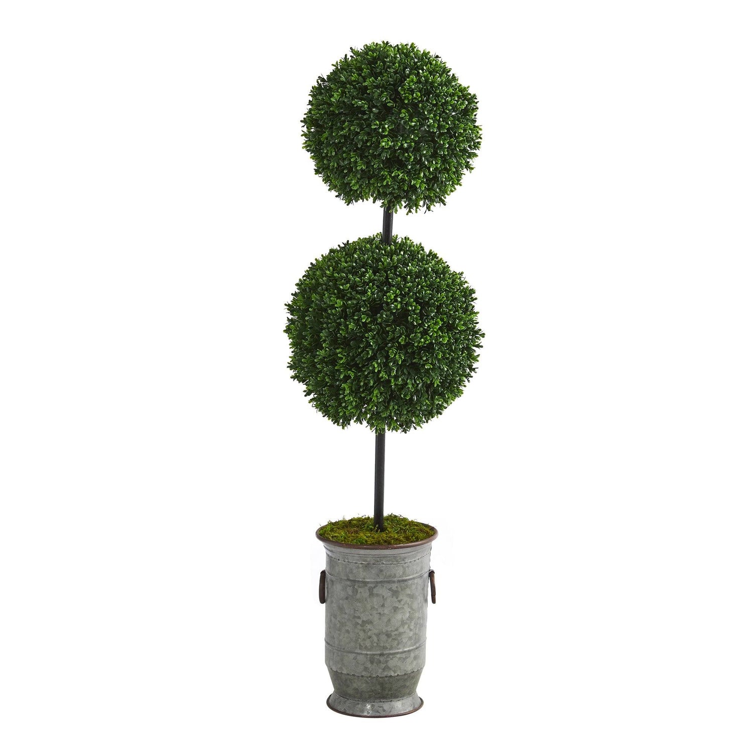 50” Boxwood Double Ball Artificial Topiary Tree in Vintage Metal Planter  (Indoor/Outdoor)