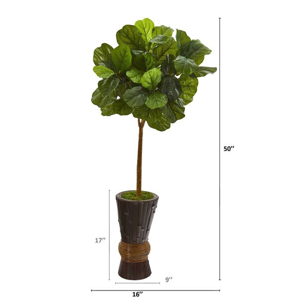 50” Fiddle Leaf Artificial Tree in Bamboo Planter (Real Touch)