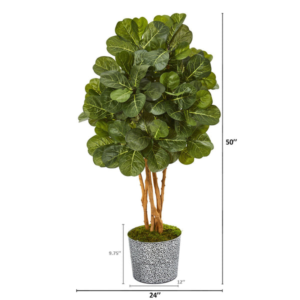 50” Fiddle Leaf Fig Artificial Tree in Tin Planter with Black Pattern