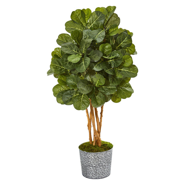 50” Fiddle Leaf Fig Artificial Tree in Tin Planter with Black Pattern