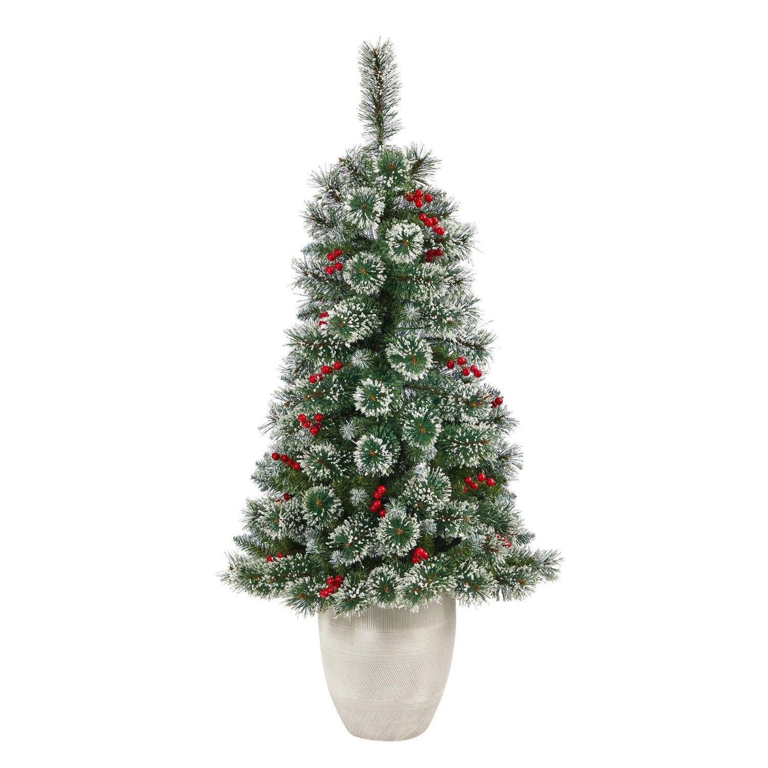 50” Frosted Swiss Pine Artificial Christmas Tree with 100 Clear LED Lights and Berries in White Planter