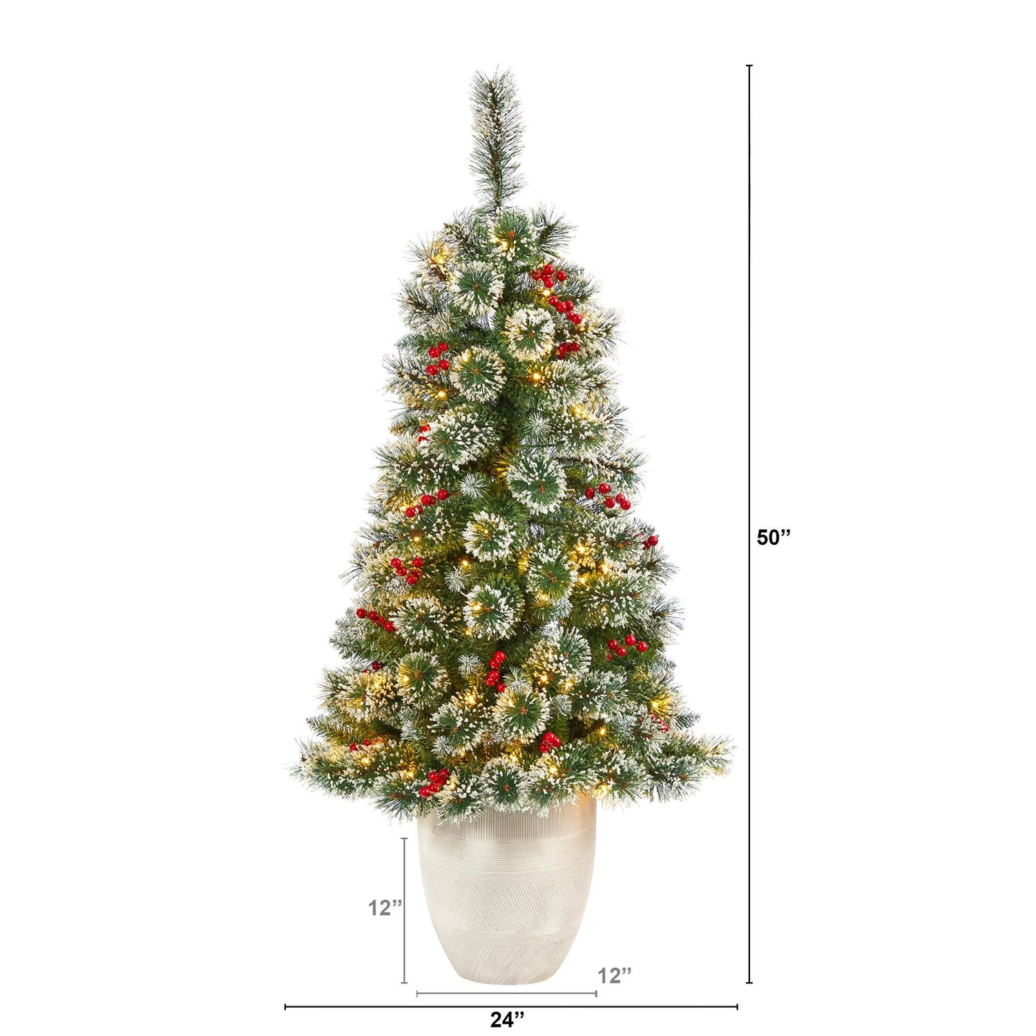 50” Frosted Swiss Pine Artificial Christmas Tree with 100 Clear LED Lights and Berries in White Planter