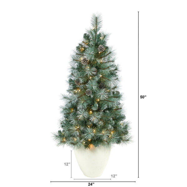 50” Frosted Tip British Columbia Mountain Pine Artificial Christmas Tree with 100 Clear Lights, Pine Cones and 228 Bendable Branches in White Planter