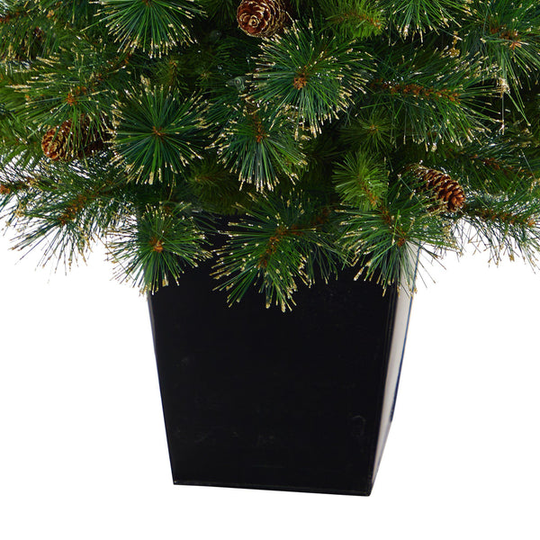 50” Golden Tip Washington Pine Artificial Christmas Tree with 100 Clear Lights, Pine Cones and 336 Bendable Branches in Black Metal Planter