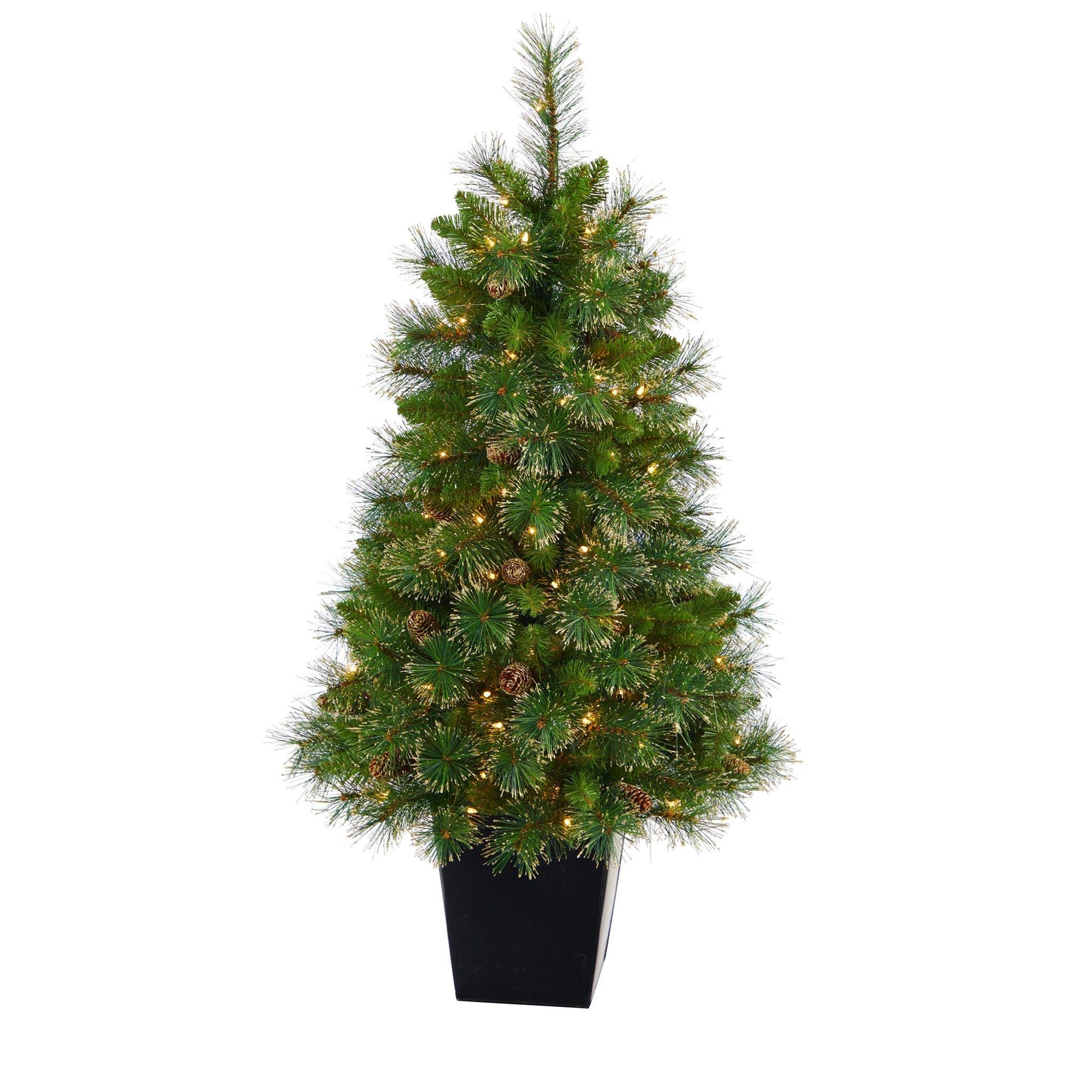 50” Golden Tip Washington Pine Artificial Christmas Tree with 100 Clear Lights, Pine Cones and 336 Bendable Branches in Black Metal Planter