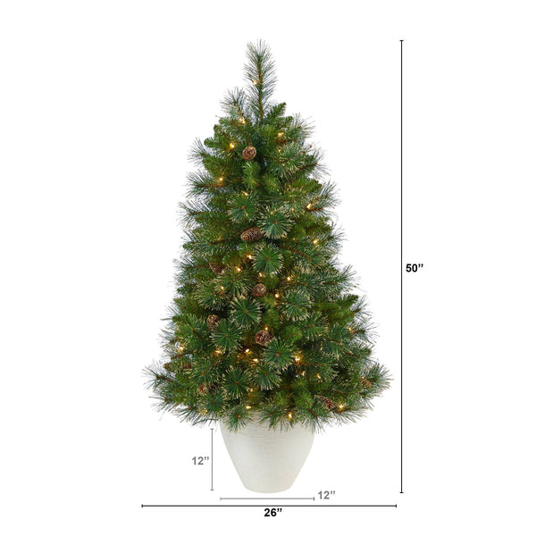 50” Golden Tip Washington Pine Artificial Christmas Tree with 100 Clear Lights, Pine Cones and 336 Bendable Branches in White Planter