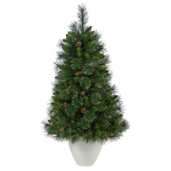 50” Golden Tip Washington Pine Artificial Christmas Tree with 100 Clear Lights, Pine Cones and 336 Bendable Branches in White Planter