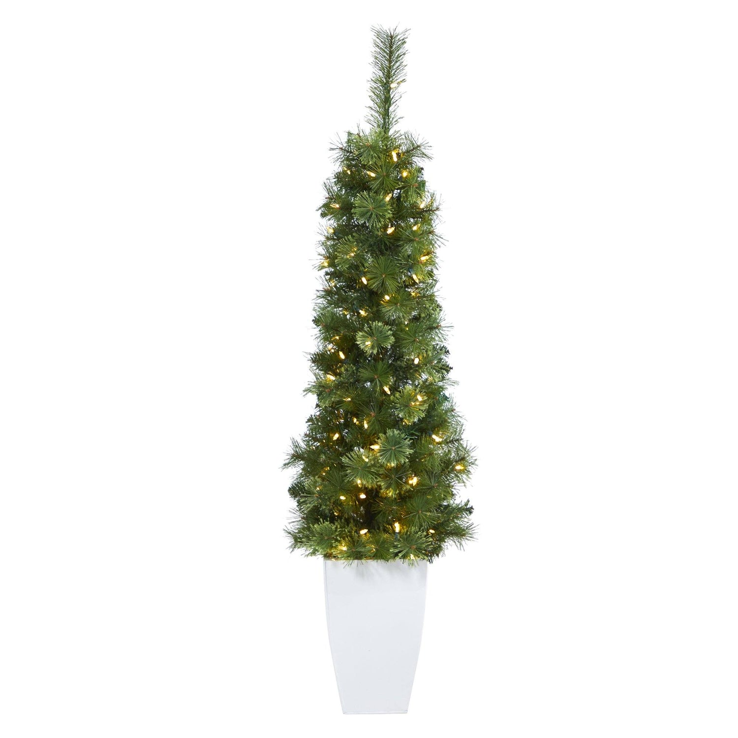 50” Green Pencil Artificial Christmas Tree with 100 Clear (Multifunction) LED Lights and 140 Bendable Branches in White Metal Planter