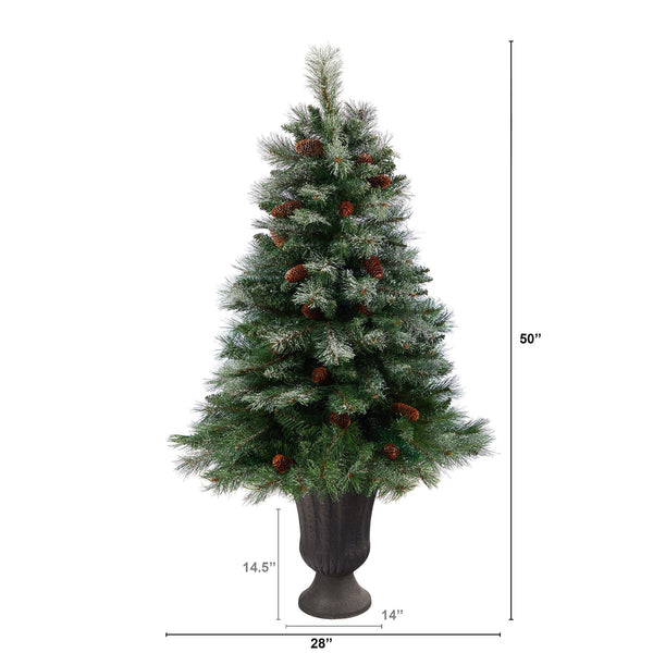 50” Snowed French Alps Mountain Pine Artificial Christmas Tree with 237 Bendable Branches and Pine Cones in Charcoal Planter