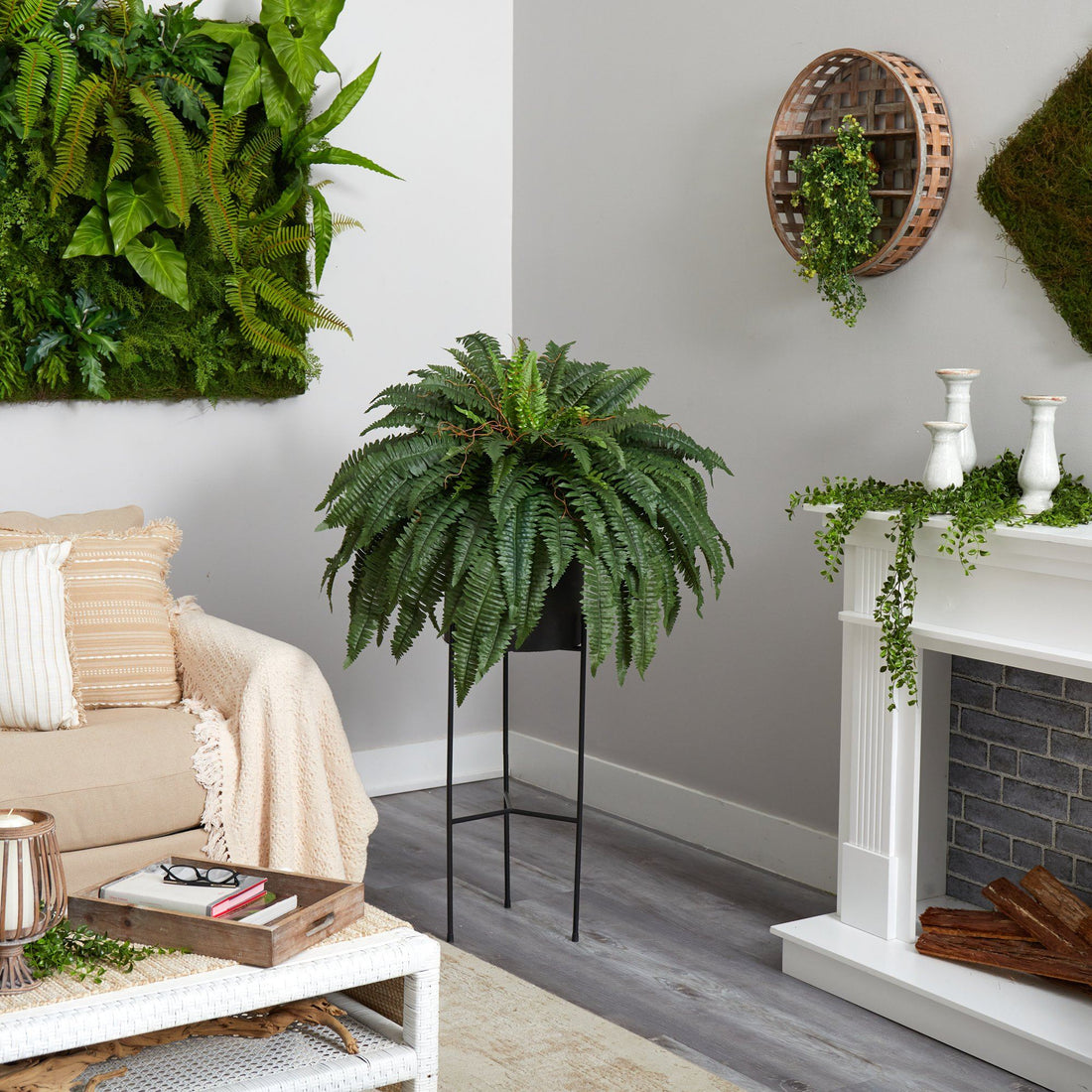 artificial fern plants indoor 51” Boston Fern Artificial Plant in Black Planter with Stand