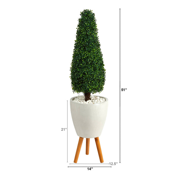 51” Boxwood Tower Artificial Topiary Tree in White Planter with Stand (Indoor/Outdoor)