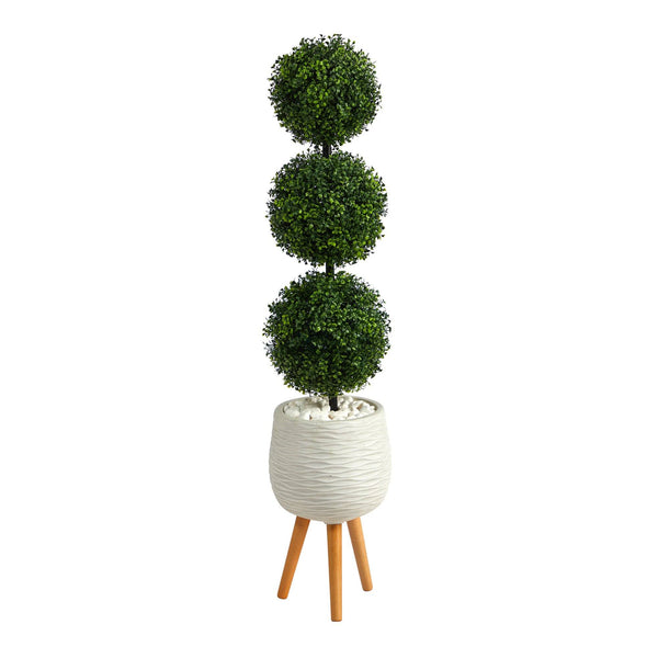 51” Boxwood Triple Ball Topiary Artificial Tree in White Planter with Stand (Indoor/Outdoor