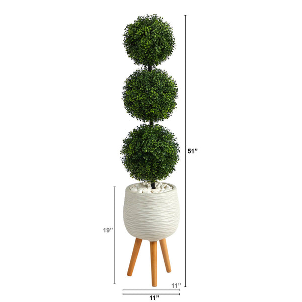 51” Boxwood Triple Ball Topiary Artificial Tree in White Planter with Stand (Indoor/Outdoor