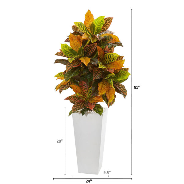 51” Croton Artificial Plant in White Tower Planter (Real Touch)