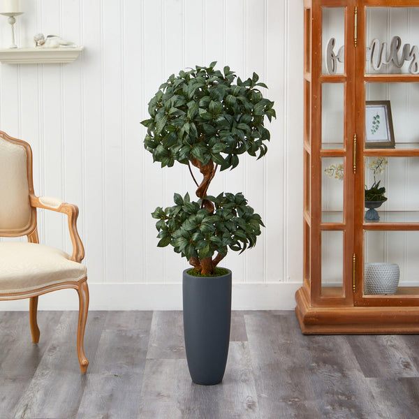 51” Sweet Bay Double Ball Topiary Artificial Tree in Gray Planter