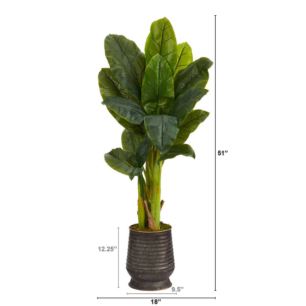 51” Triple Stalk Artificial Banana Tree in Ribbed Metal Planter (Real Touch)