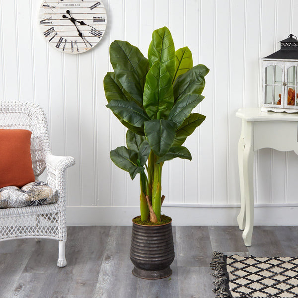 51” Triple Stalk Artificial Banana Tree in Ribbed Metal Planter (Real Touch)