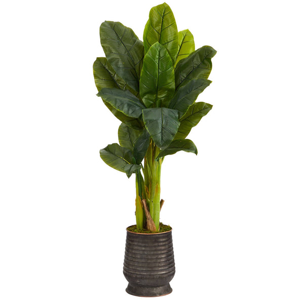51” Triple Stalk Artificial Banana Tree in Ribbed Metal Planter (Real Touch)