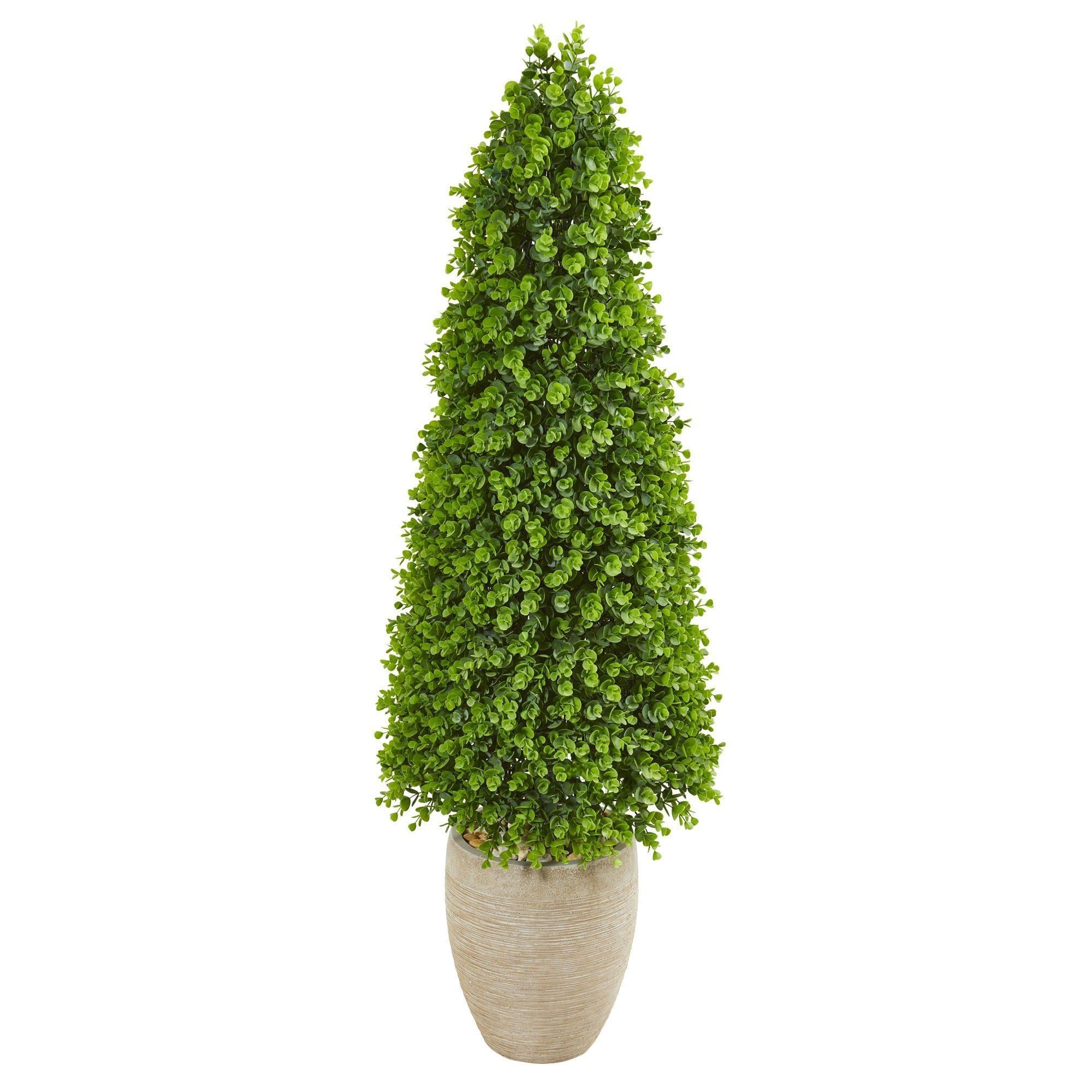 Image showcasing 52” Eucalyptus Topiary Artificial Tree in Sand Colored Planter (Indoor ...