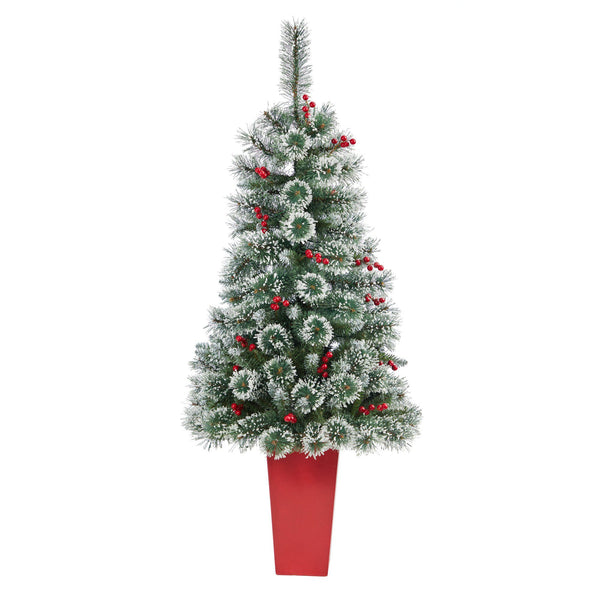 52” Frosted Swiss Pine Artificial Christmas Tree with 100 Clear LED Lights and Berries in Red Tower Planter