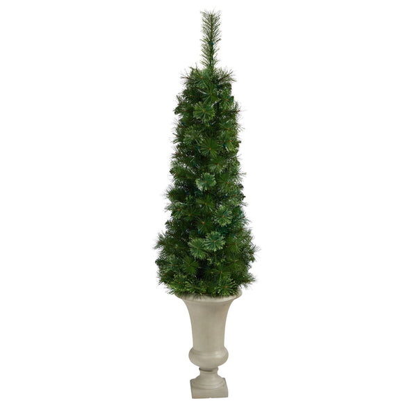 52” Green Pencil Artificial Christmas Tree with 100 Clear (Multifunction) LED Lights and 140 Bendable Branches in Sand Colored Urn