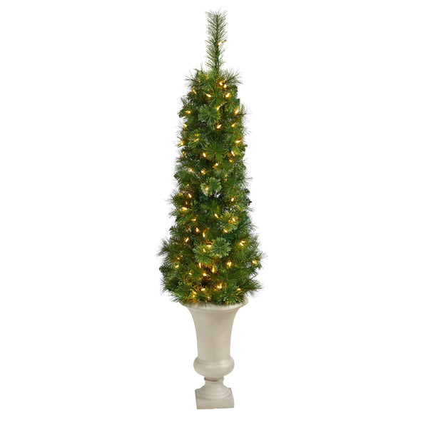 52” Green Pencil Artificial Christmas Tree with 100 Clear (Multifunction) LED Lights and 140 Bendable Branches in Sand Colored Urn