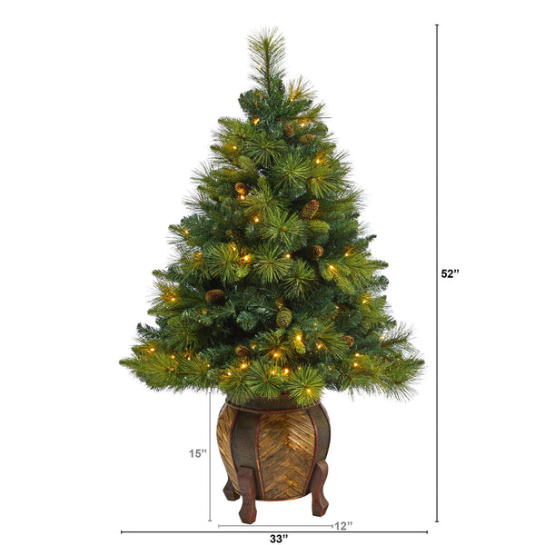 52” North Carolina Mixed Pine Artificial Christmas Tree with 130 Warm White LED Lights, 459 Bendable Branches and Pinecones in Decorative Planter