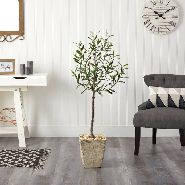 52” Olive Artificial Tree in Country White Planter