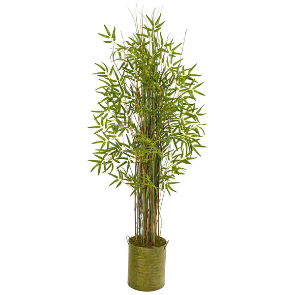 53” Bamboo Grass Artificial Plant in Green Metal Planter