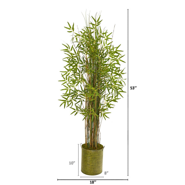 53” Bamboo Grass Artificial Plant in Green Metal Planter | Nearly Natural