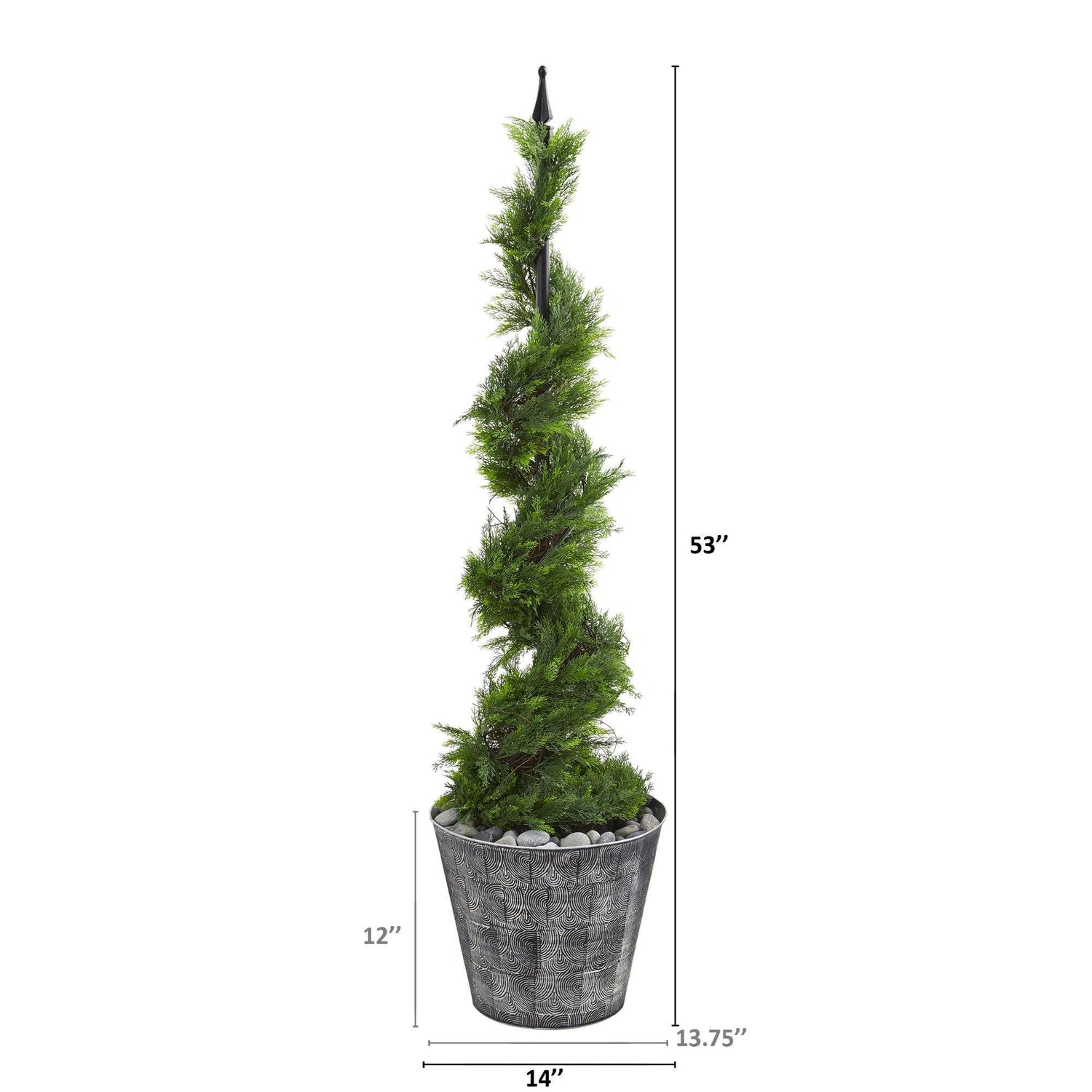 53” Cypress Artificial Spiral Topiary Tree in Black Embossed Tin Planter