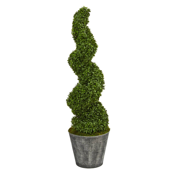 53” Spiral Hazel Leaf Artificial Topiary Tree in Black Embossed Tin Planter  (Indoor/Outdoor)