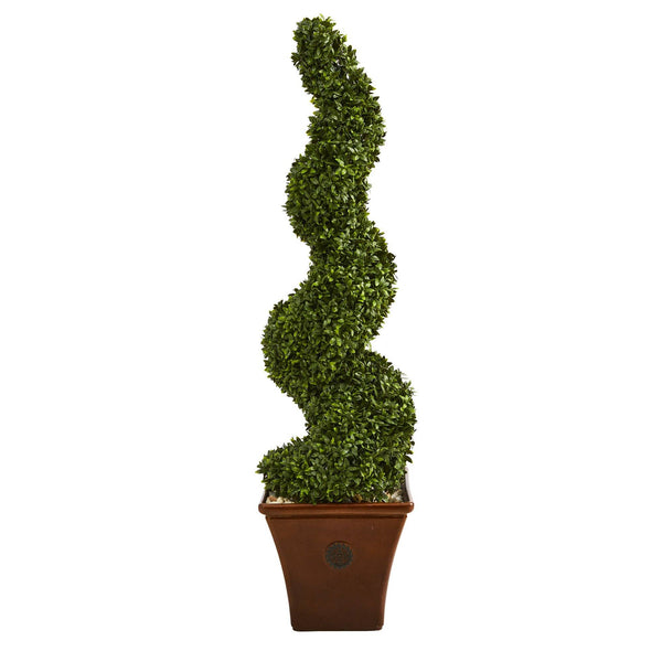 53” Spiral Hazel Leaf Artificial Topiary Tree in Brown Planter (Indoor/Outdoor)