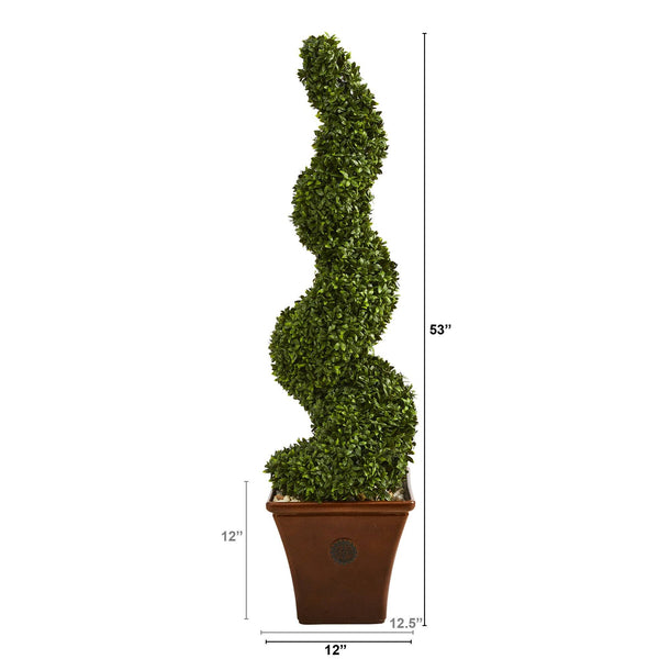 53” Spiral Hazel Leaf Artificial Topiary Tree in Brown Planter (Indoor/Outdoor)