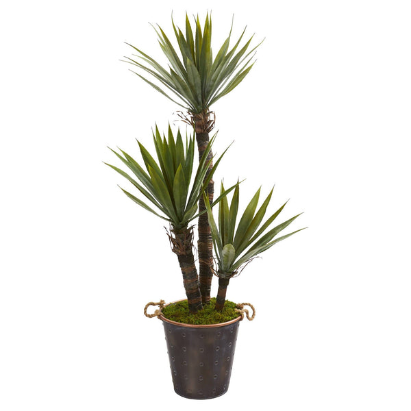 53” Yucca Artificial Tree in Decorative Metal Pail with Rope